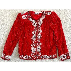 Vintage Silk Sequin Beaded Jacket Blazer Paisley Red White Christmas